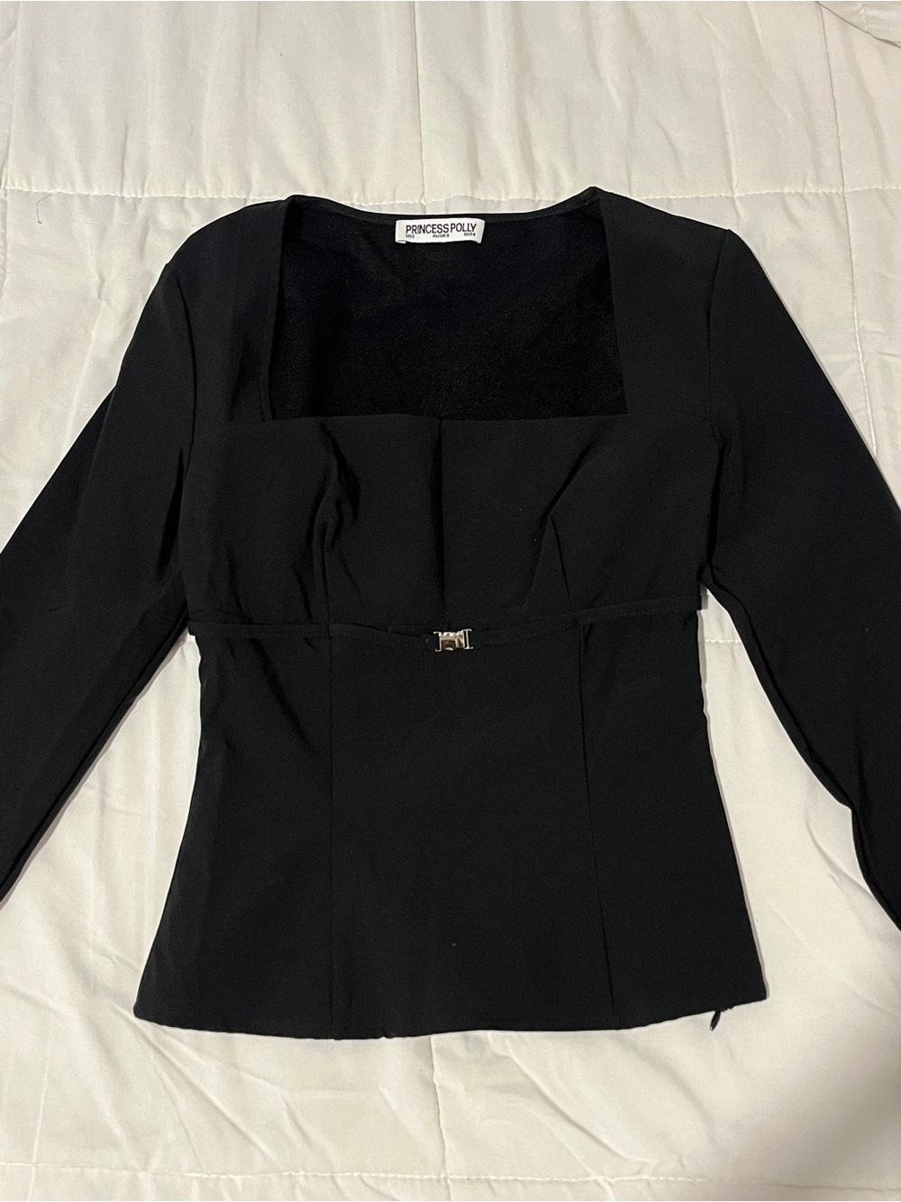 Princess Polly Black Square-Neck Long Sleeve Top with Buckle Detail